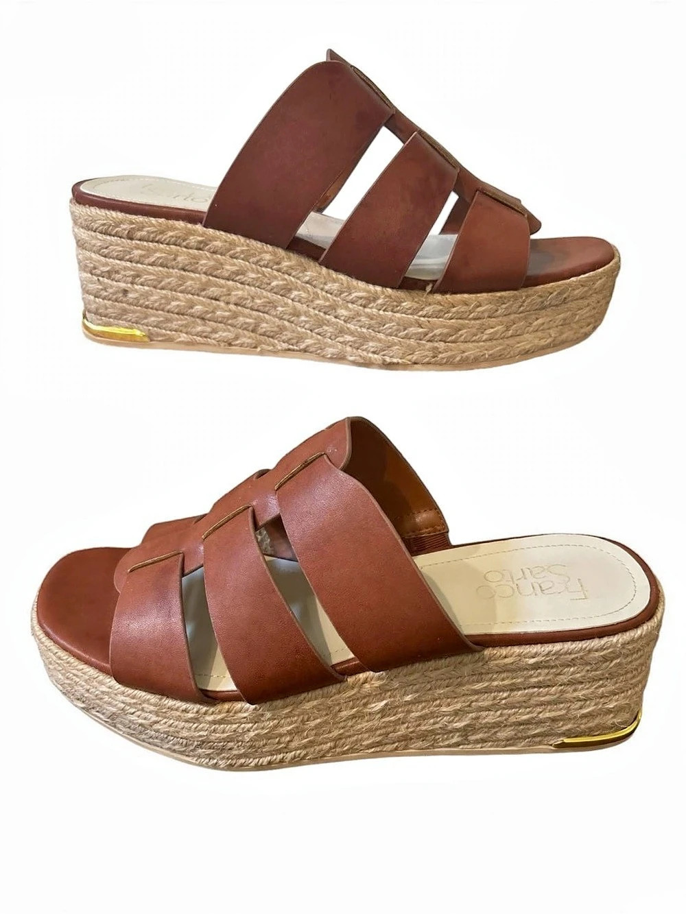 Franco Sarto Taziana Espadrille Slide Sandal Brown Gold Wedges